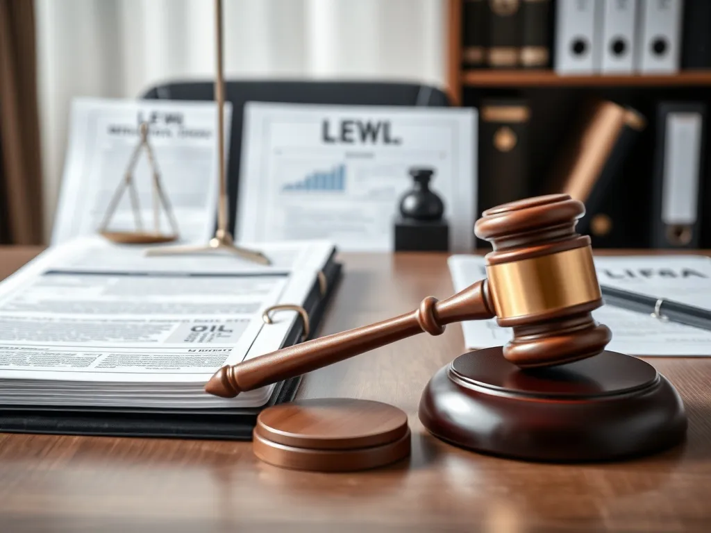 A professional office desk with legal documents, a gavel, an