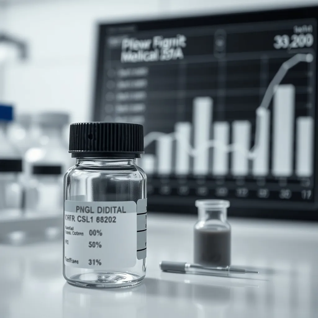 A professional, clean close-up of medical vials and a digita